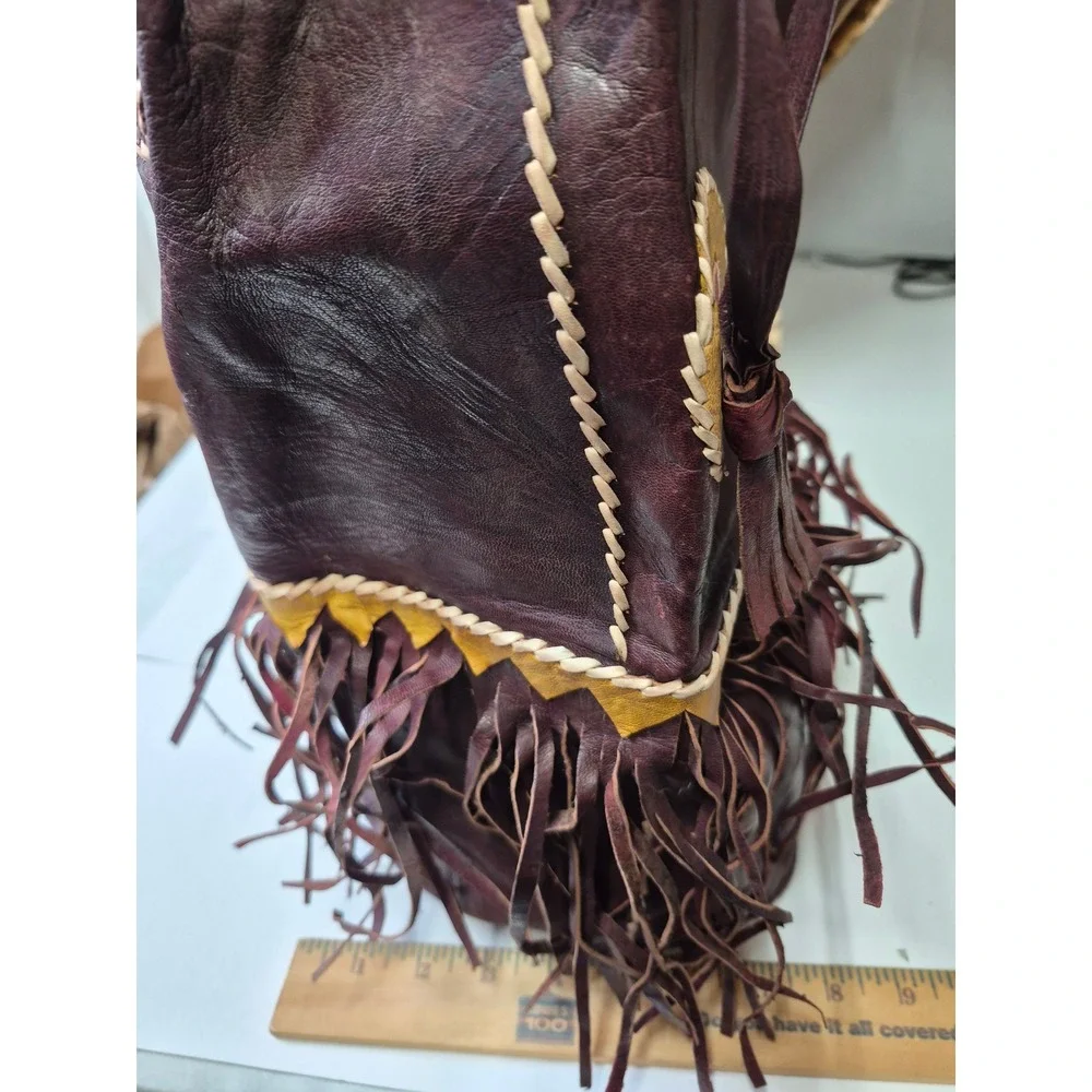Vintage Handmade Leather Fringe Medicine Bag Drawstring Pouch Burgundy Boho